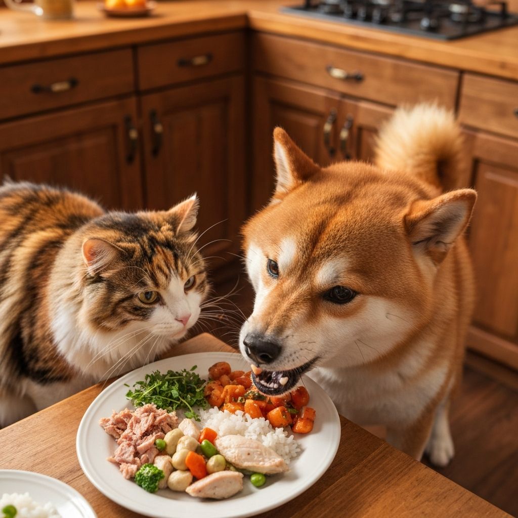 Happy pets enjoying fresh food